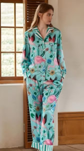 pijama de satin con flores y flamencos